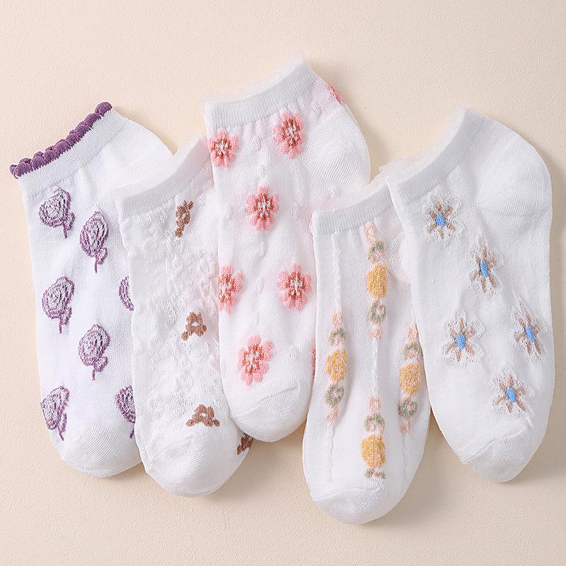 5 Pairs Floral Print Low Cut Ankle Socks Women's Stockings