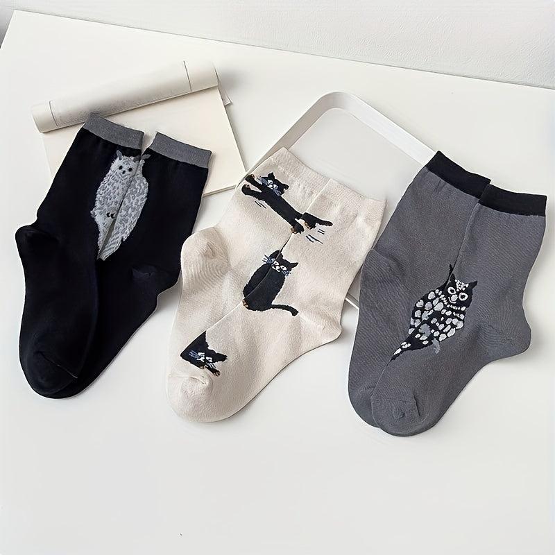 3 Pairs Owl & Cat Socks Comfy Mid Tube Women's Stockings