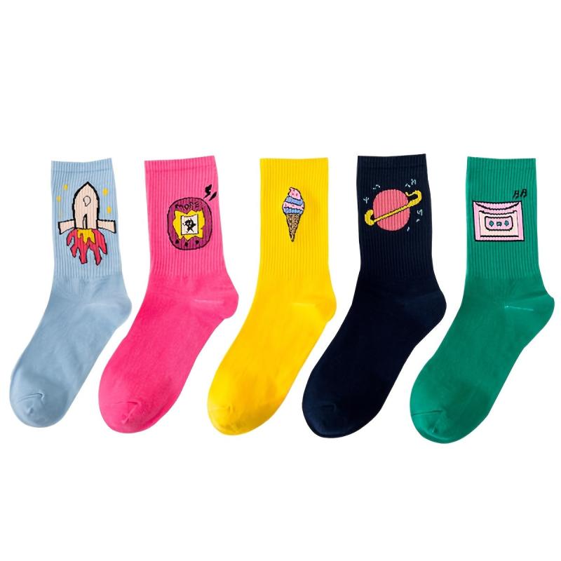 5 Pairs Cartoon Pattern Crew Socks Lightweight & Comfy Women's Stockings
