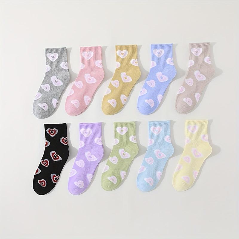 10 Pairs Heart Print Socks Comfy & Breathable Women's Stockings