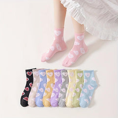 10 Pairs Heart Print Socks Comfy & Breathable Women's Stockings