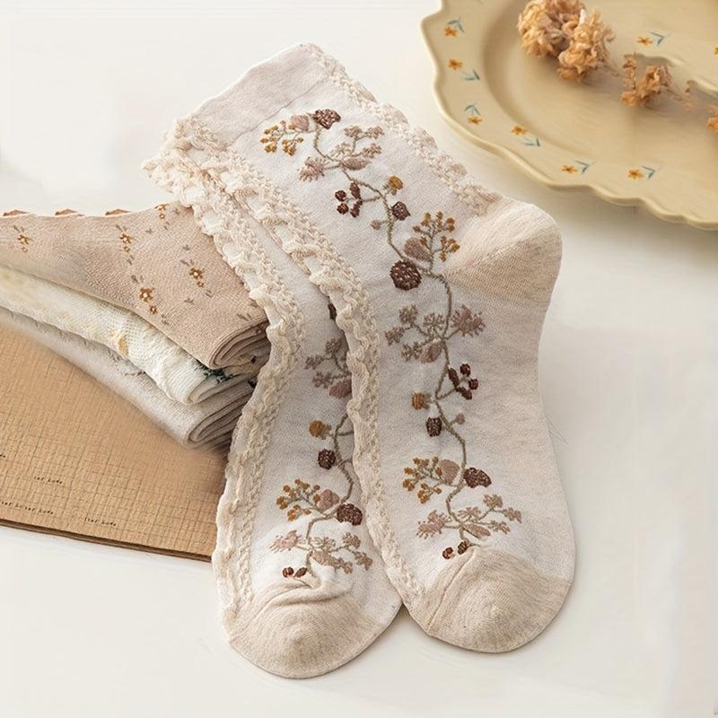 4 Pairs Floral Bunny Socks Comfy Ruffle Mid Tube Stockings