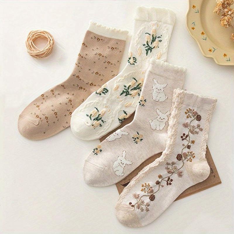 4 Pairs Floral Bunny Socks Comfy Ruffle Mid Tube Stockings