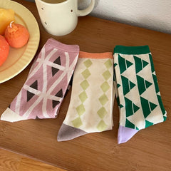 Geometric Pattern Socks, Comfy & Breathable, Women's College Style Stockings