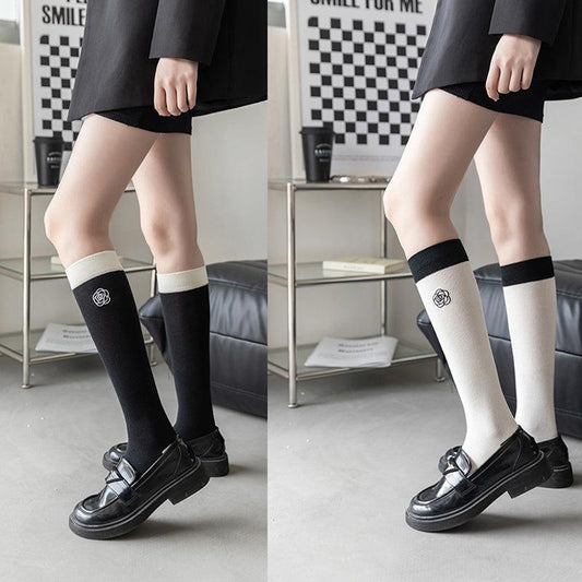 2 Pairs Flower Print Colorblock Calf Socks All match Knee High Stockings