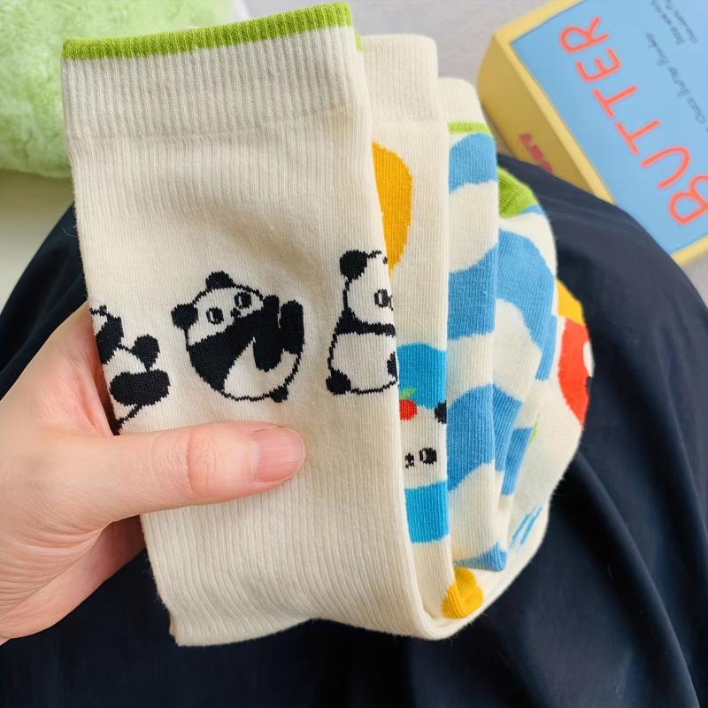 3 Pairs Panda Print Socks Comfy & Breathable Mid Tube Socks Women's Stockings