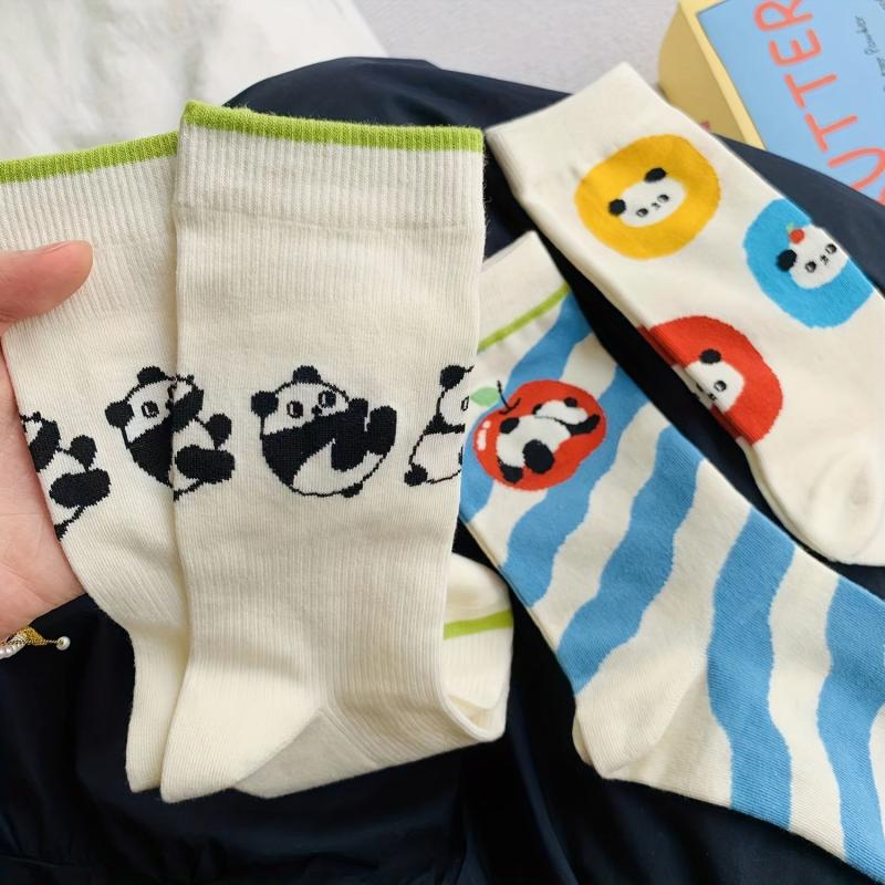 3 Pairs Panda Print Socks Comfy & Breathable Mid Tube Socks Women's Stockings