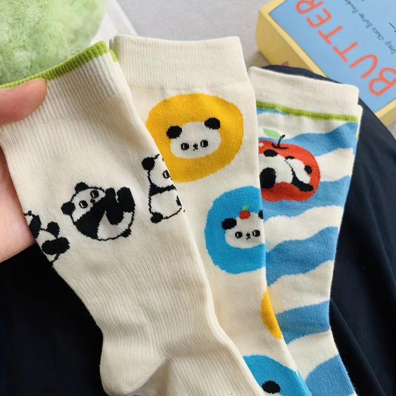 3 Pairs Panda Print Socks Comfy & Breathable Mid Tube Socks Women's Stockings