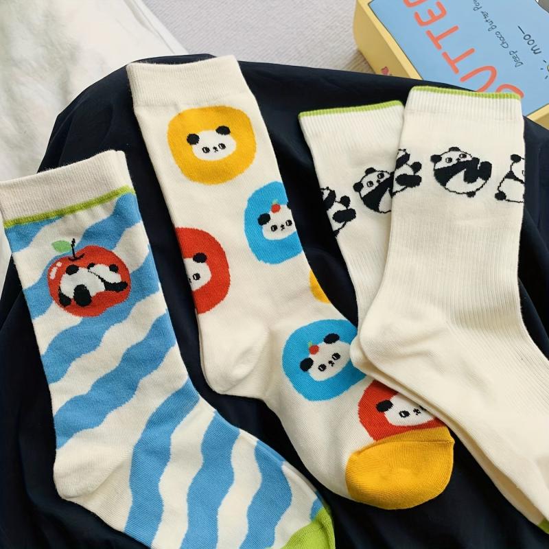 3 Pairs Panda Print Socks Comfy & Breathable Mid Tube Socks Women's Stockings