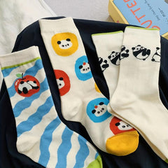 3 Pairs Panda Print Socks Comfy & Breathable Mid Tube Socks Women's Stockings