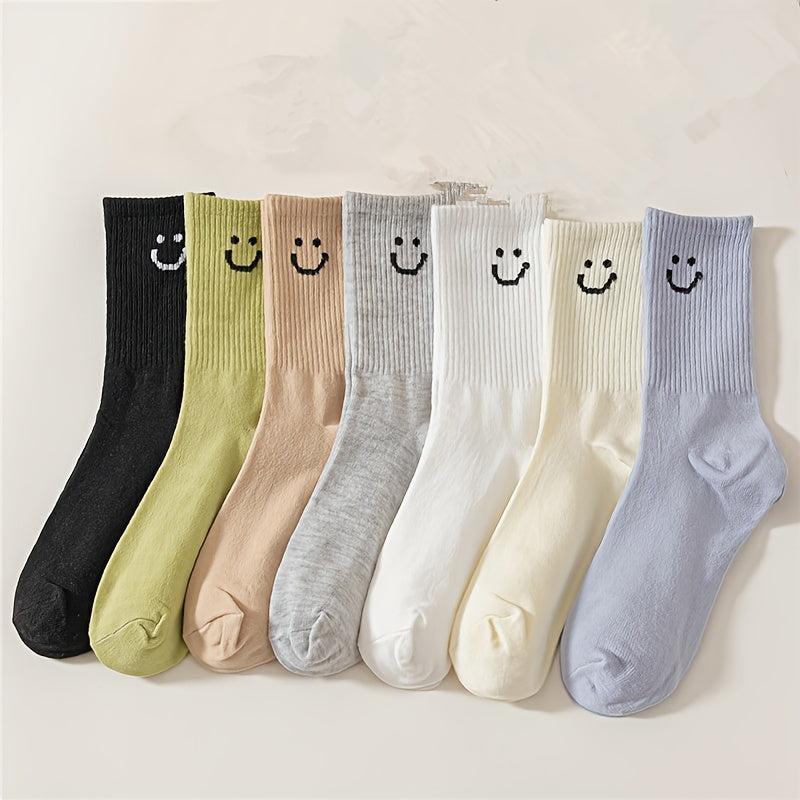 8 Pairs Smiling Print Socks Comfy & Breathable Mid Tube Socks