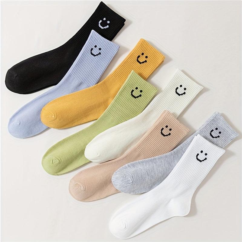 8 Pairs Smiling Print Socks Comfy & Breathable Mid Tube Socks