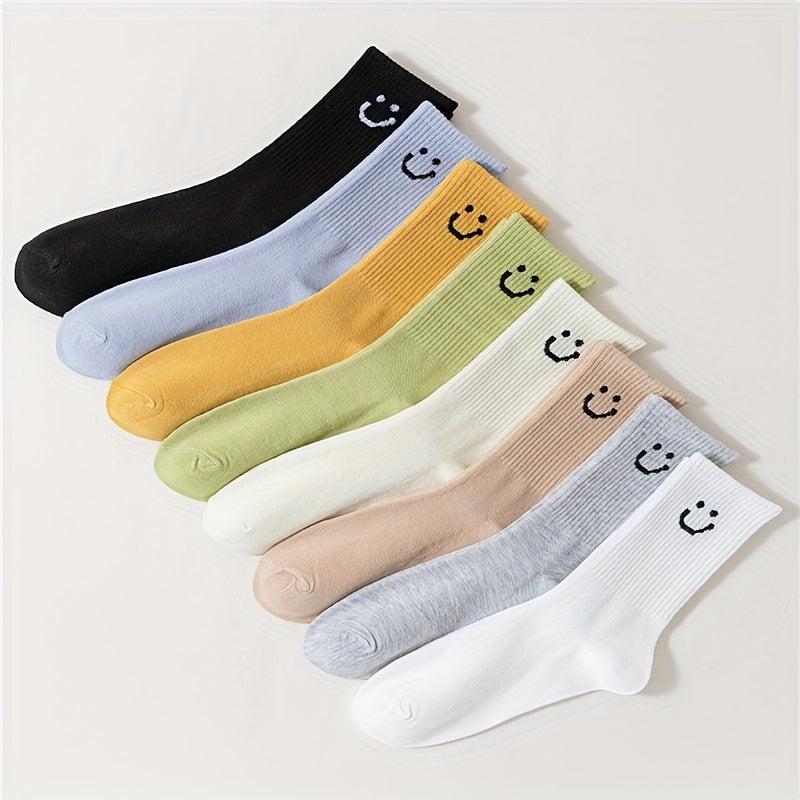 8 Pairs Smiling Print Socks Comfy & Breathable Mid Tube Socks