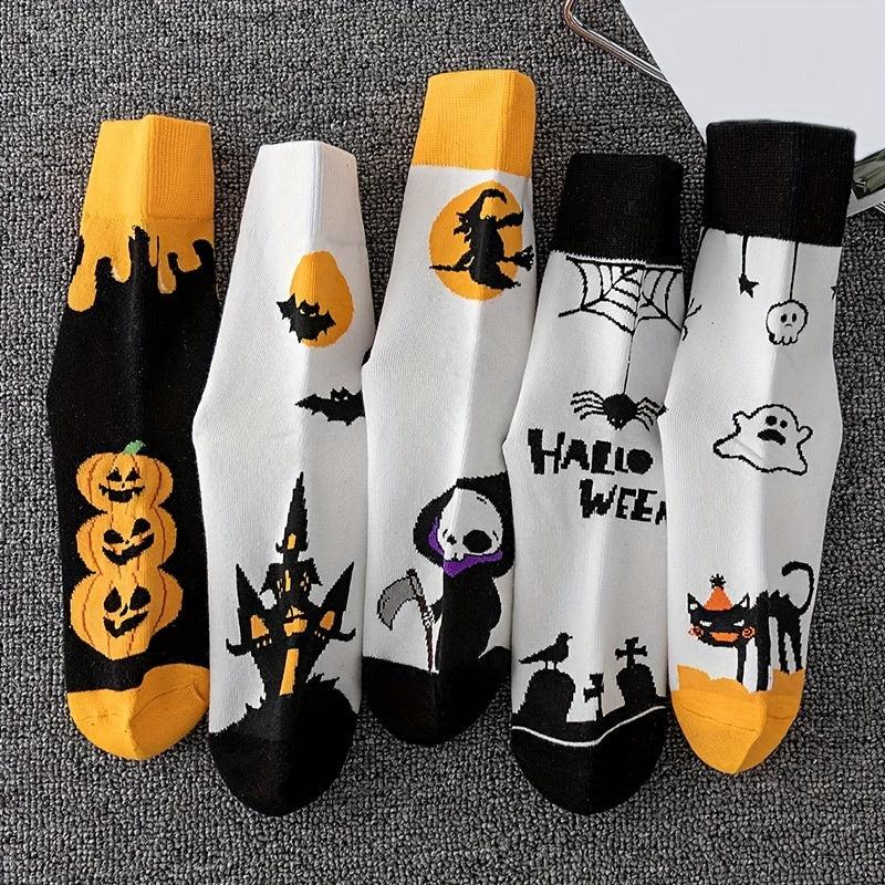 5 Pairs Ghost & Bat Print Socks Halloween Women's Stockings