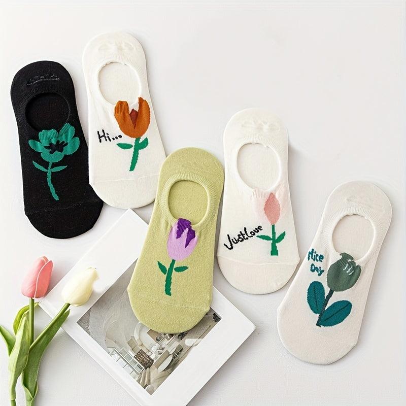 5 Pairs Floral Print Low Cut Ankle Socks Women's Stockings