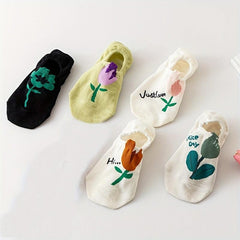 5 Pairs Floral Print Low Cut Ankle Socks Women's Stockings