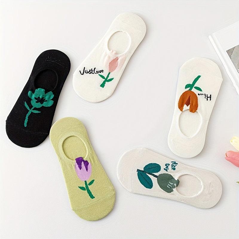 5 Pairs Floral Print Low Cut Ankle Socks Women's Stockings