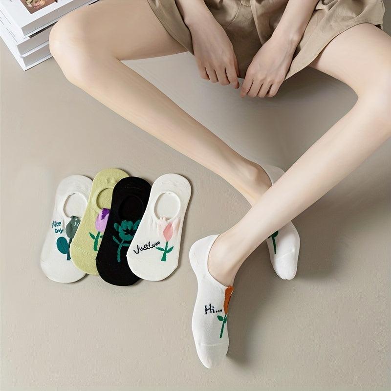 5 Pairs Floral Print Low Cut Ankle Socks Women's Stockings