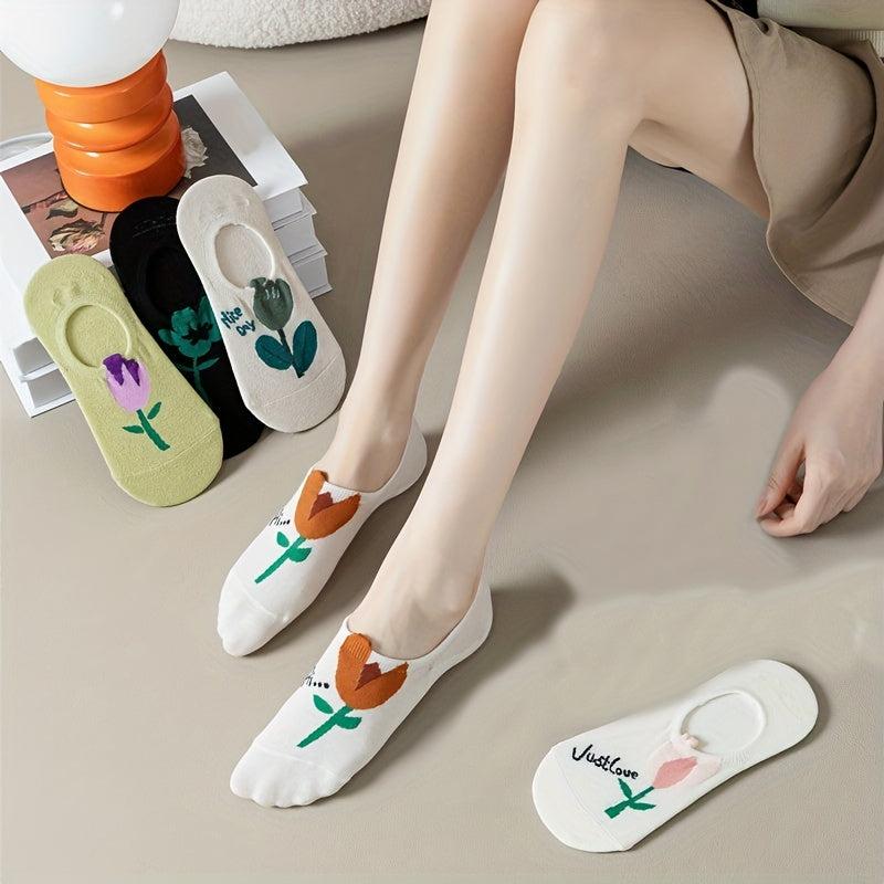 5 Pairs Floral Print Low Cut Ankle Socks Women's Stockings