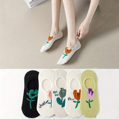 5 Pairs Floral Print Low Cut Ankle Socks Women's Stockings