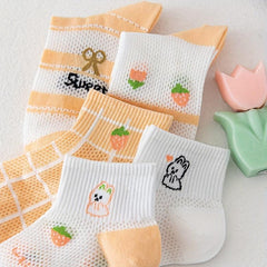 5 Pairs Bunny & Floral Print Hollow Out Short Socks Women's Stockings