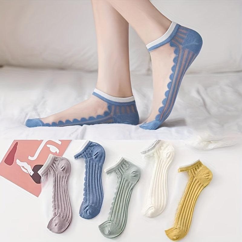 5 Pairs Contrast Mesh Socks Sheer Ankle Socks Women's Stockings
