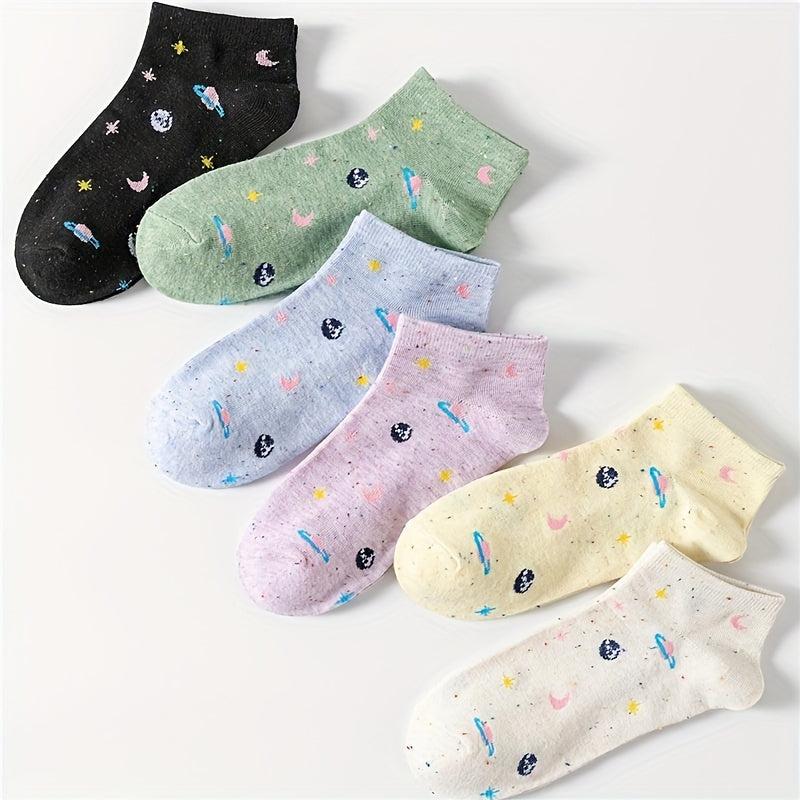 6 Pairs Star & Planet Print Ankle Socks Women's Stockings