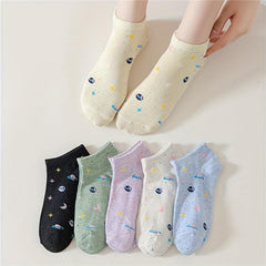 6 Pairs Star & Planet Print Ankle Socks Women's Stockings