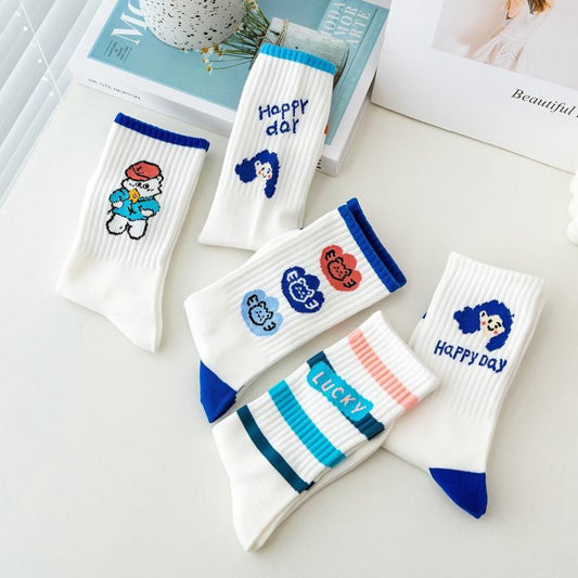 5 Pairs Cartoon Print Socks Women's Mid Tube Comfy Stockings Hosiery