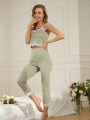 Lace Stitching Lounge Set V Neck Cami Top & Elastic Waistband Pants