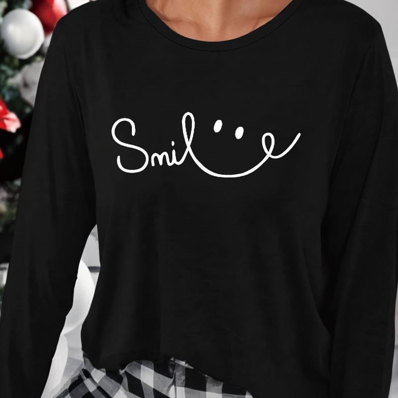 Smile Print Lounge Top Long Sleeve Crew Neck Women's Loungewear