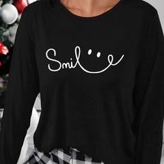 Smile Print Lounge Top Long Sleeve Crew Neck Women's Loungewear