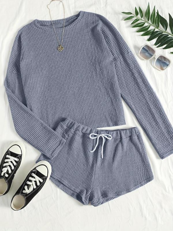 Solid Lounge Set Crew Neck Long Sleeve Top & Elastic Waistband Shorts