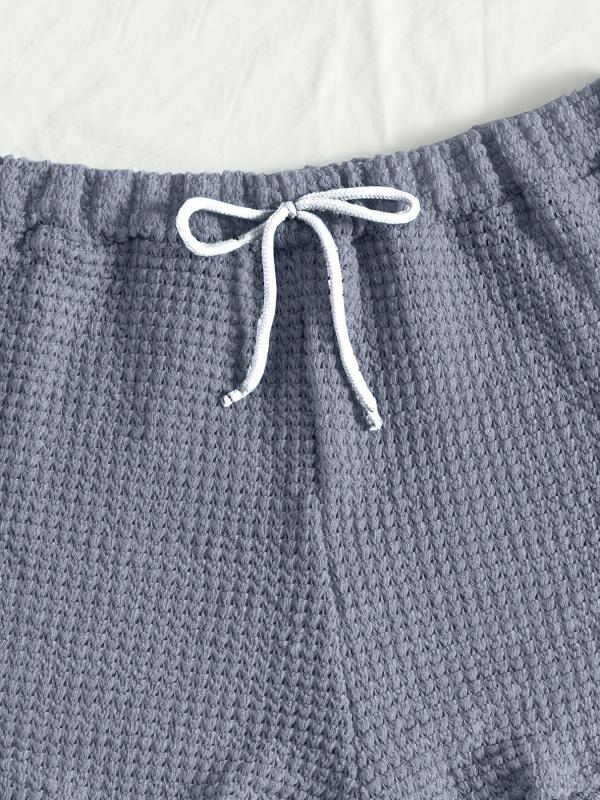 Solid Lounge Set Crew Neck Long Sleeve Top & Elastic Waistband Shorts