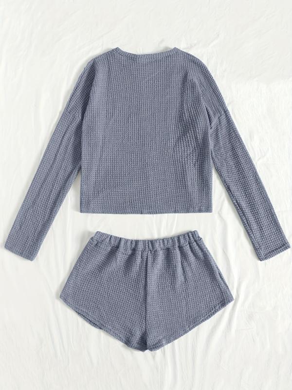 Solid Lounge Set Crew Neck Long Sleeve Top & Elastic Waistband Shorts