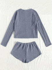 Solid Lounge Set Crew Neck Long Sleeve Top & Elastic Waistband Shorts