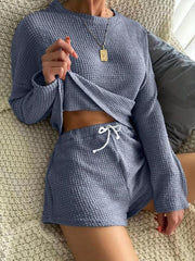 Solid Lounge Set Crew Neck Long Sleeve Top & Elastic Waistband Shorts