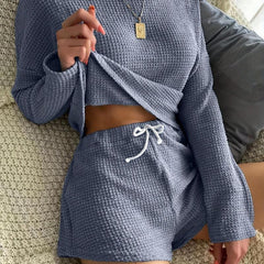 Solid Lounge Set Crew Neck Long Sleeve Top & Elastic Waistband Shorts
