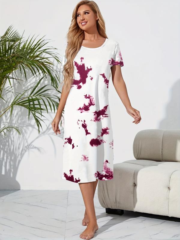 Tie Dye Lounge Dress Crew Neck Short Sleeve Soft & Comfy Women's Loungewear