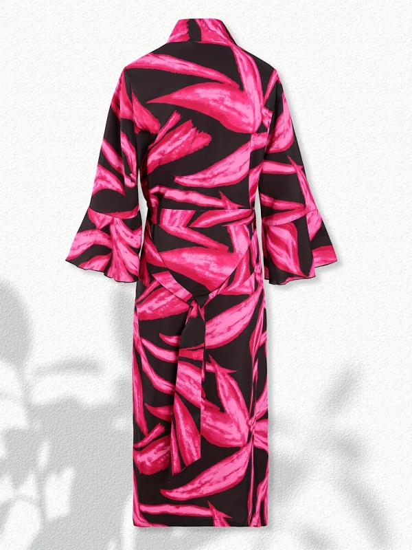 Floral Print Lounge Robes V Neck Ruffle Sleeve Home Robe With Belt