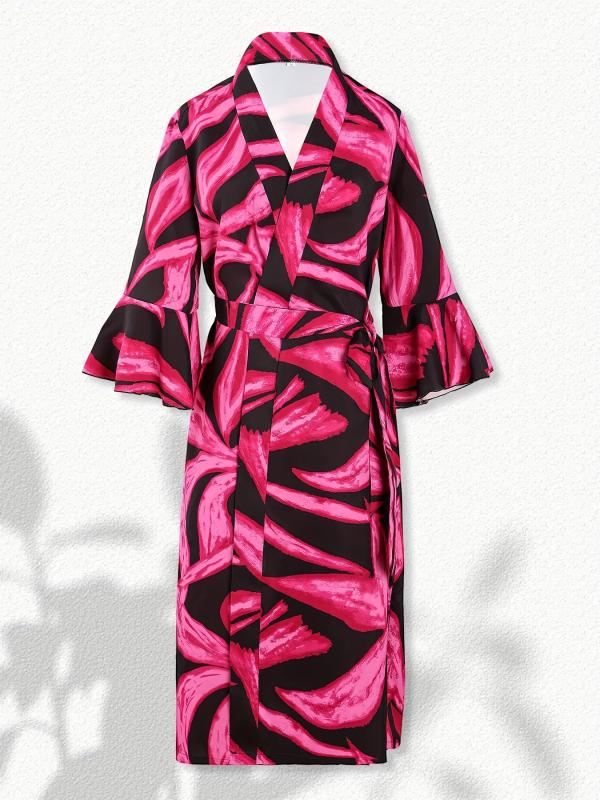 Floral Print Lounge Robes V Neck Ruffle Sleeve Home Robe With Belt
