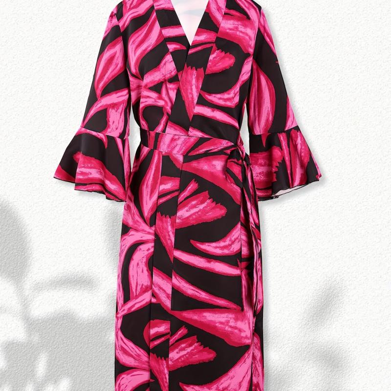 Floral Print Lounge Robes V Neck Ruffle Sleeve Home Robe With Belt