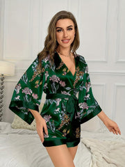 Floral Print Satin Romper V Neck 3/4 Sleeve Lounge Wear