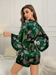 Floral Print Satin Romper V Neck 3/4 Sleeve Lounge Wear