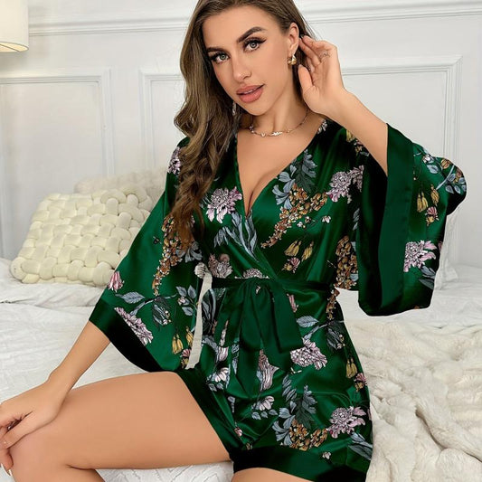 Floral Print Satin Romper V Neck 3/4 Sleeve Lounge Wear