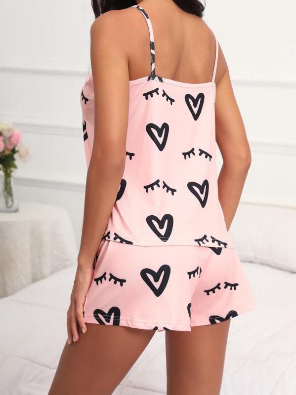 Heart Print Lounge Set Cami Top & Shorts Women's Loungewear