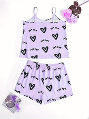 Heart Print Lounge Set Cami Top & Shorts Women's Loungewear