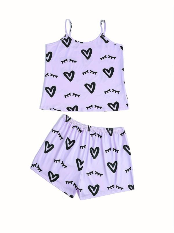 Heart Print Lounge Set Cami Top & Shorts Women's Loungewear