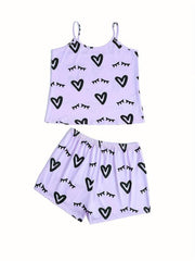 Heart Print Lounge Set Cami Top & Shorts Women's Loungewear