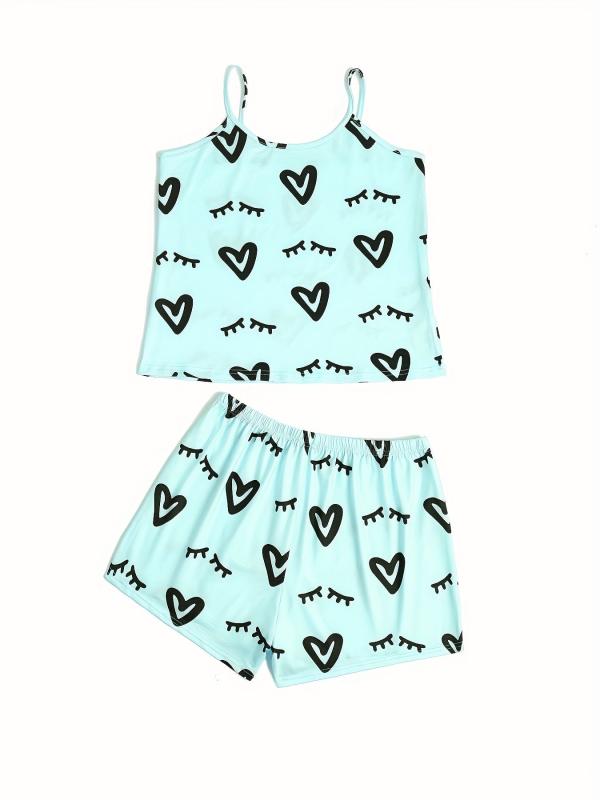 Heart Print Lounge Set Cami Top & Shorts Women's Loungewear